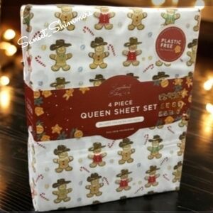 4pc Cowboy Cowgirl Gingerbread Cookie Candy Cane Christmas Decor Bed Sheet Set